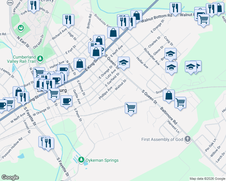 map of restaurants, bars, coffee shops, grocery stores, and more near 303 South Washington Street in Shippensburg