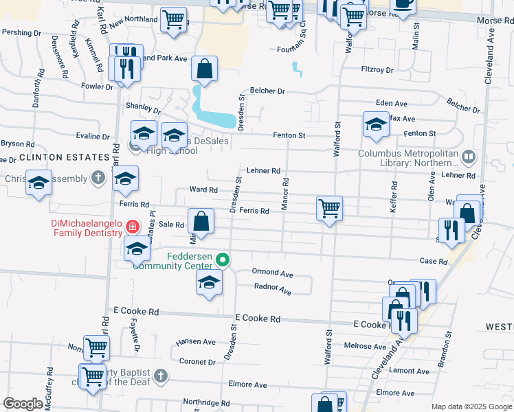 map of restaurants, bars, coffee shops, grocery stores, and more near 1802 Case Road in Columbus