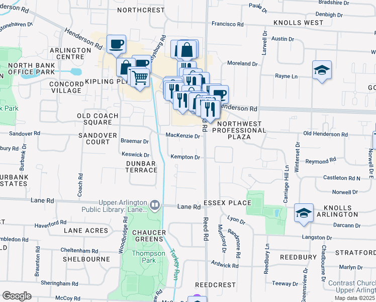 map of restaurants, bars, coffee shops, grocery stores, and more near in Columbus