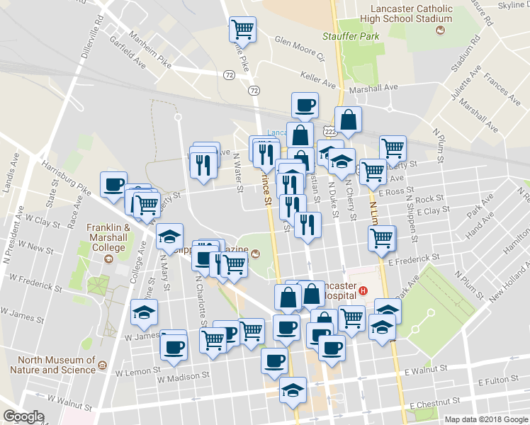 map of restaurants, bars, coffee shops, grocery stores, and more near 830 North Prince Street in Lancaster