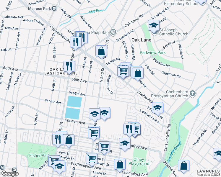 map of restaurants, bars, coffee shops, grocery stores, and more near 6527 Walnut Park Drive in Philadelphia