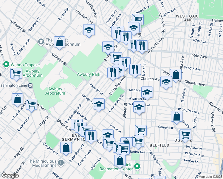 map of restaurants, bars, coffee shops, grocery stores, and more near 1135 East Chelten Avenue in Philadelphia