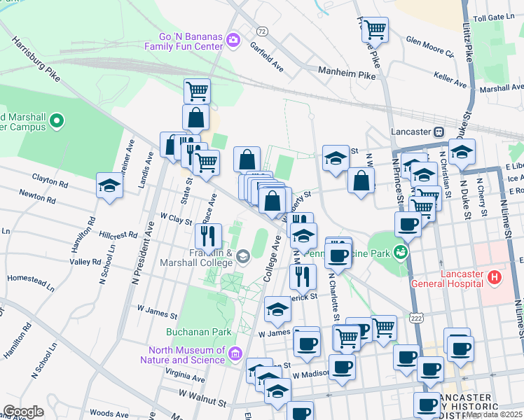 map of restaurants, bars, coffee shops, grocery stores, and more near 701 Harrisburg Avenue in Lancaster