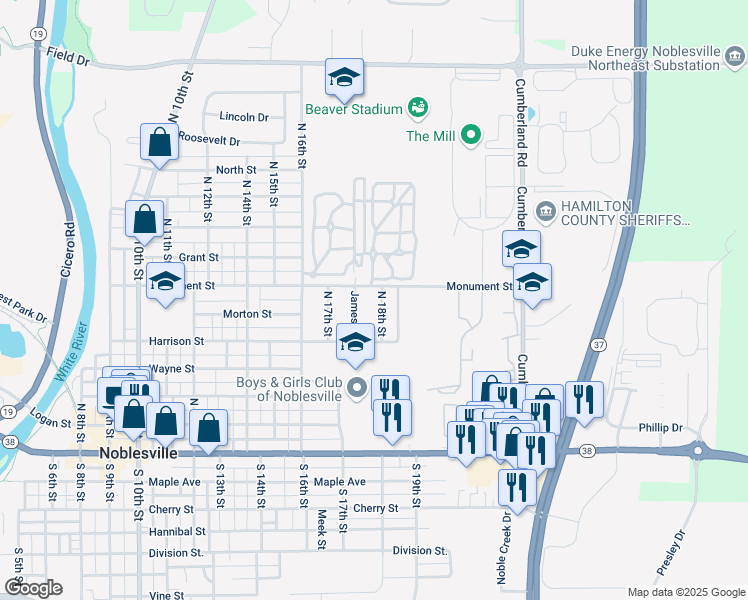 map of restaurants, bars, coffee shops, grocery stores, and more near 472 James Drive in Noblesville