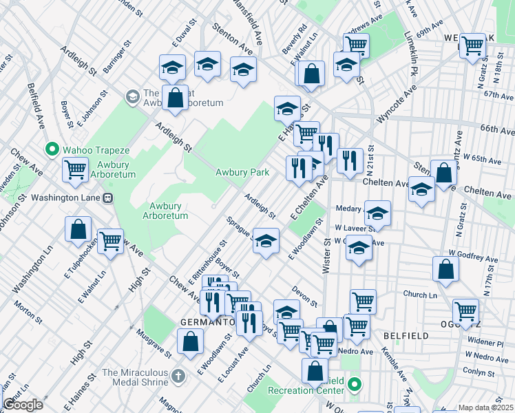 map of restaurants, bars, coffee shops, grocery stores, and more near 1034 East Rittenhouse Street in Philadelphia