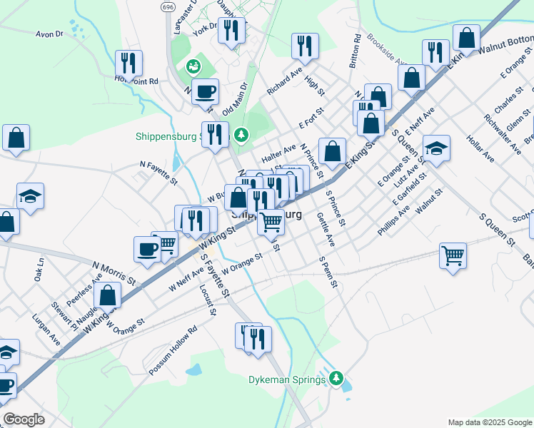 map of restaurants, bars, coffee shops, grocery stores, and more near in Shippensburg