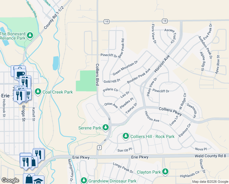 map of restaurants, bars, coffee shops, grocery stores, and more near 381 Leo Drive in Erie