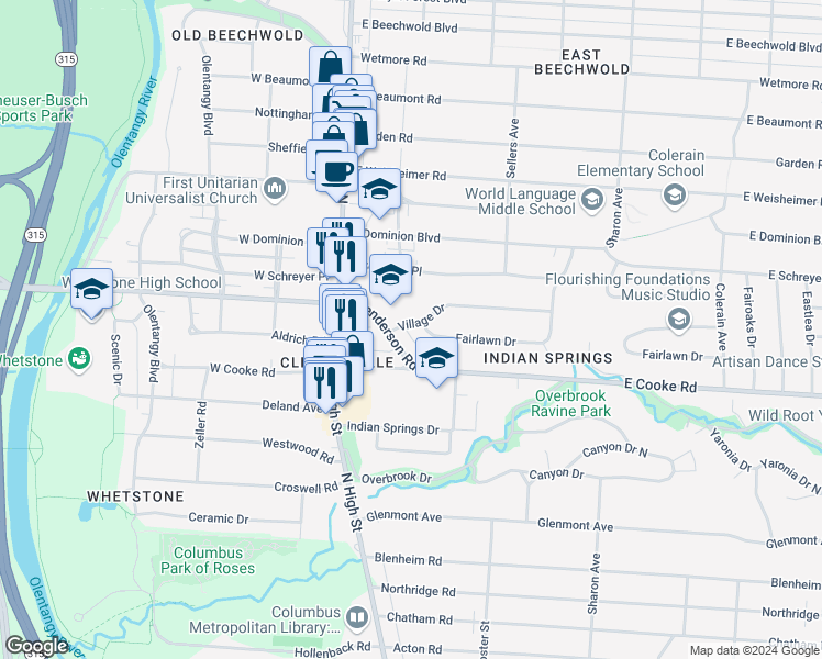 map of restaurants, bars, coffee shops, grocery stores, and more near 93 Village Drive in Columbus