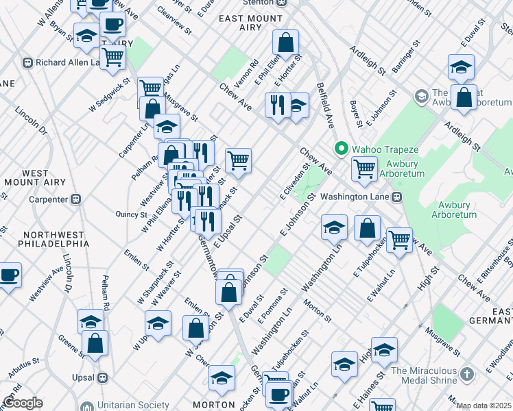 map of restaurants, bars, coffee shops, grocery stores, and more near 226 East Upsal Street in Philadelphia