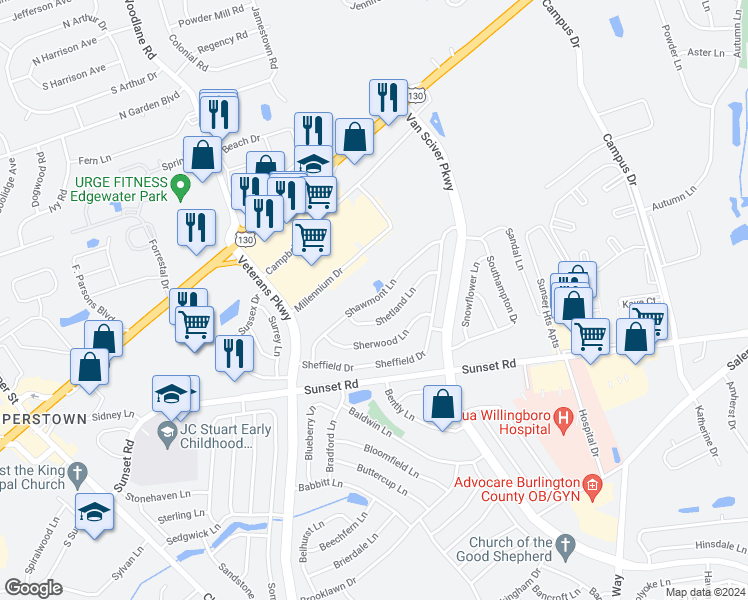 map of restaurants, bars, coffee shops, grocery stores, and more near Shawmont Lane in Willingboro
