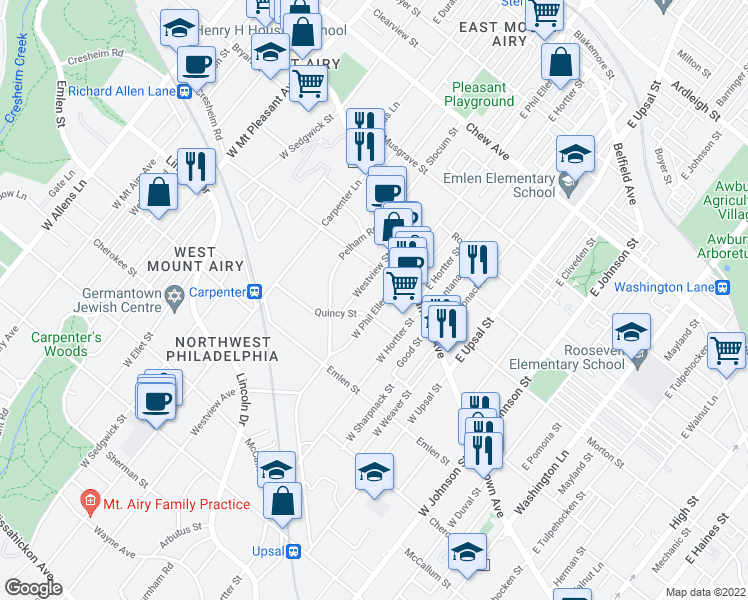map of restaurants, bars, coffee shops, grocery stores, and more near 37 West Phil-Ellena Street in Philadelphia