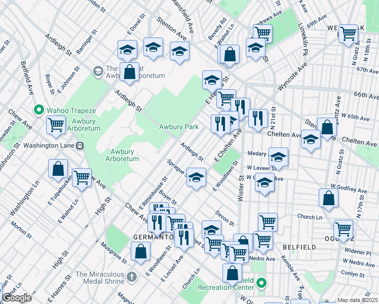 map of restaurants, bars, coffee shops, grocery stores, and more near 1034 East Rittenhouse Street in Philadelphia