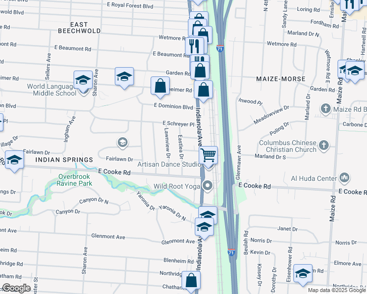 map of restaurants, bars, coffee shops, grocery stores, and more near 712 Fairlawn Drive in Columbus