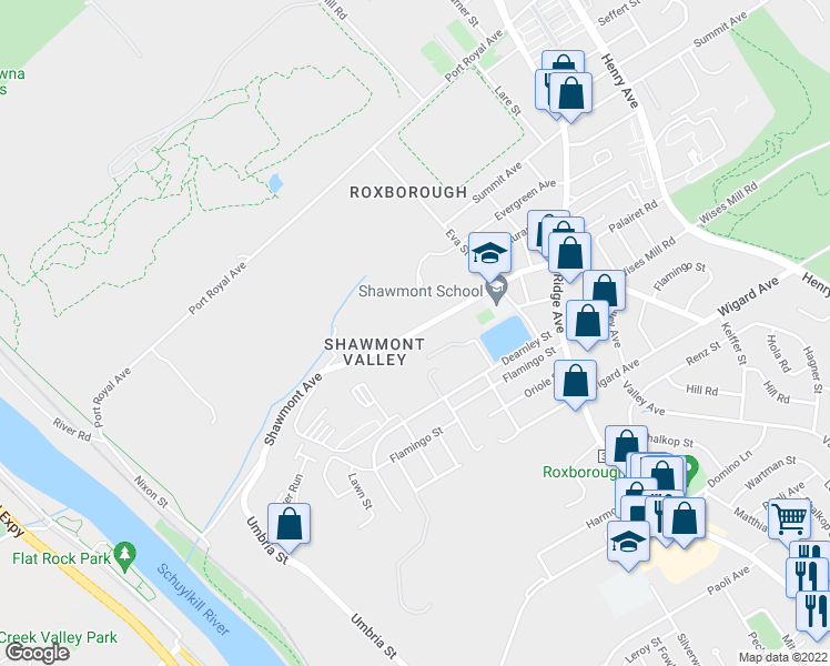 map of restaurants, bars, coffee shops, grocery stores, and more near Shawmont Avenue in Philadelphia