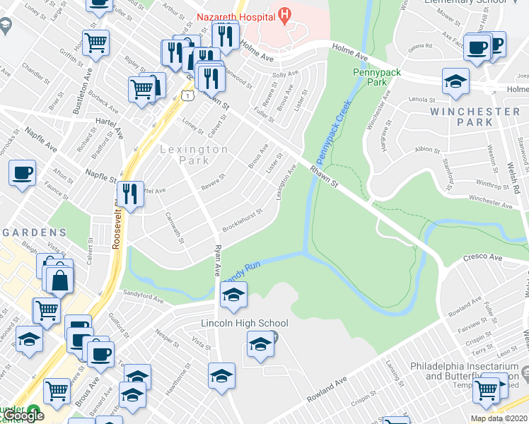 map of restaurants, bars, coffee shops, grocery stores, and more near 7831 Brocklehurst Street in Philadelphia