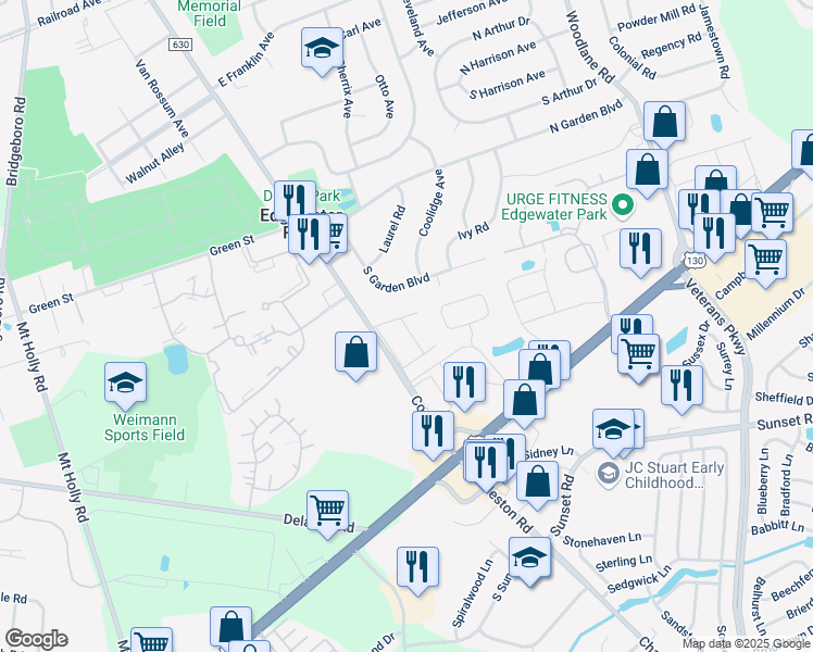 map of restaurants, bars, coffee shops, grocery stores, and more near 1306 Cooper Street in Beverly