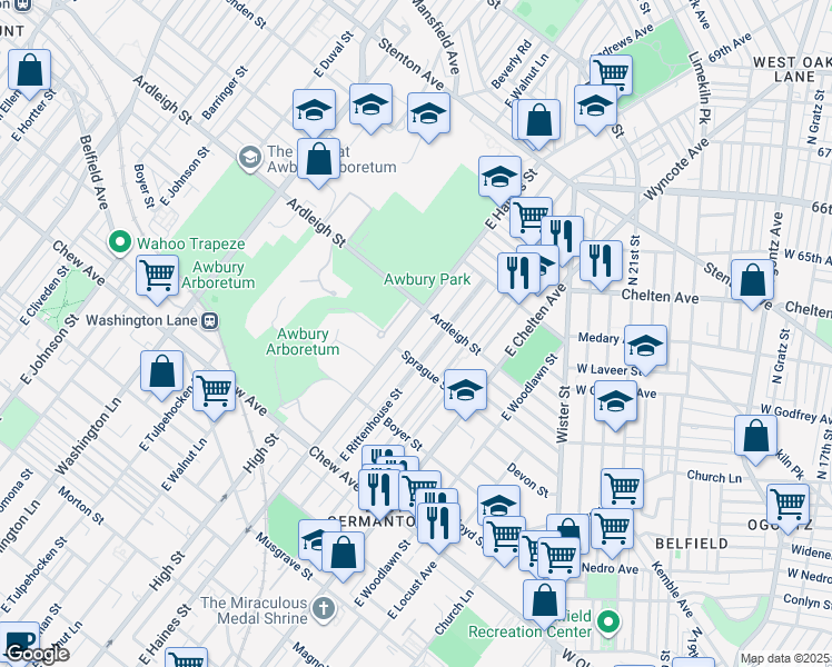 map of restaurants, bars, coffee shops, grocery stores, and more near 1014 East Haines Street in Philadelphia