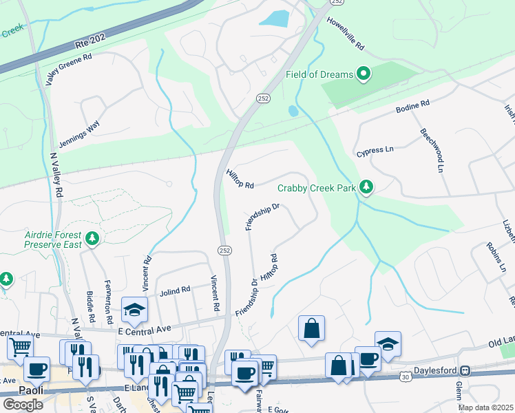 map of restaurants, bars, coffee shops, grocery stores, and more near 356 Friendship Drive in Paoli