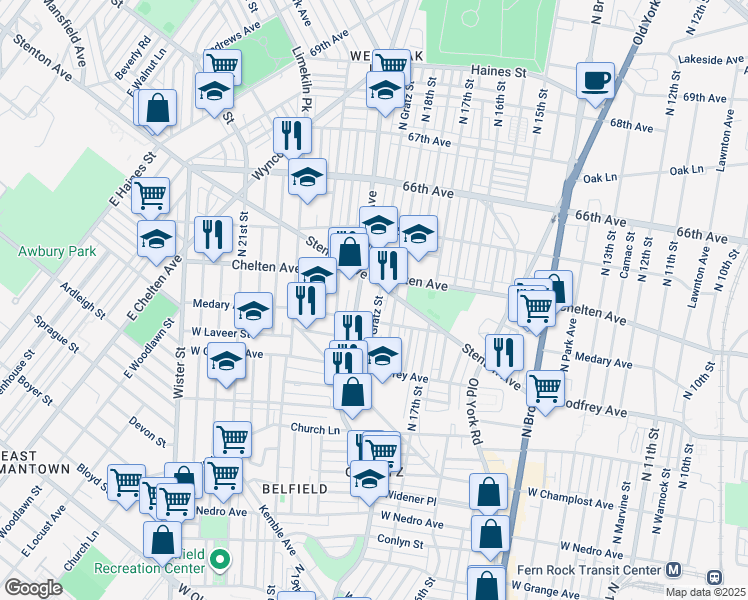 map of restaurants, bars, coffee shops, grocery stores, and more near 6328 North Gratz Street in Philadelphia