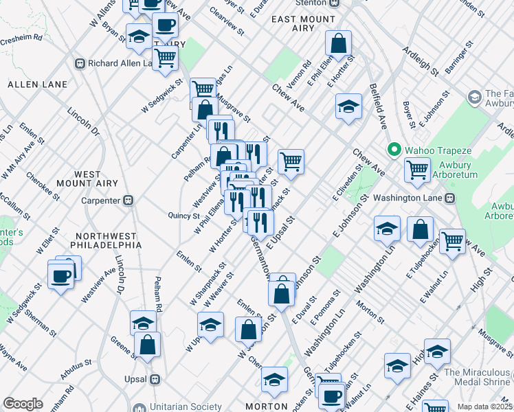 map of restaurants, bars, coffee shops, grocery stores, and more near East Montana Street in Philadelphia