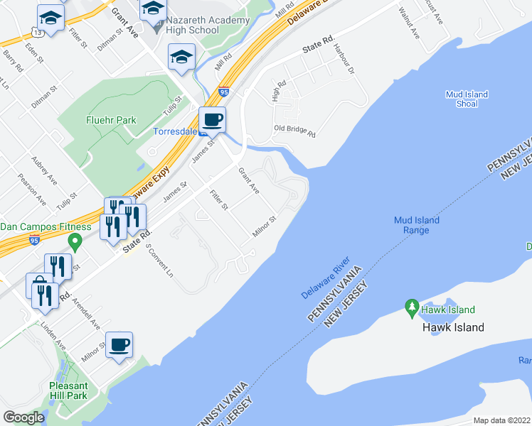 map of restaurants, bars, coffee shops, grocery stores, and more near 9640 Milnor Street in Philadelphia