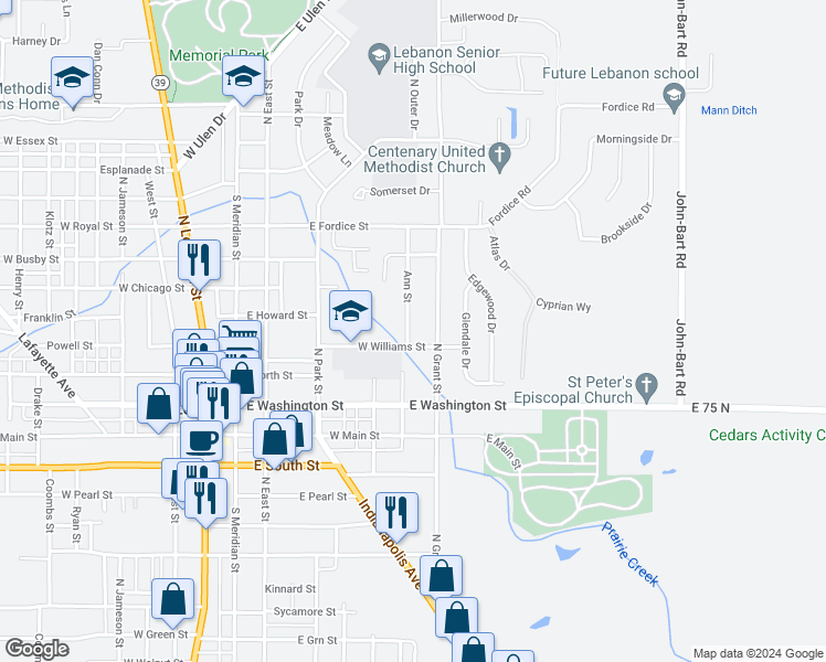 map of restaurants, bars, coffee shops, grocery stores, and more near 507 Ann Street in Lebanon