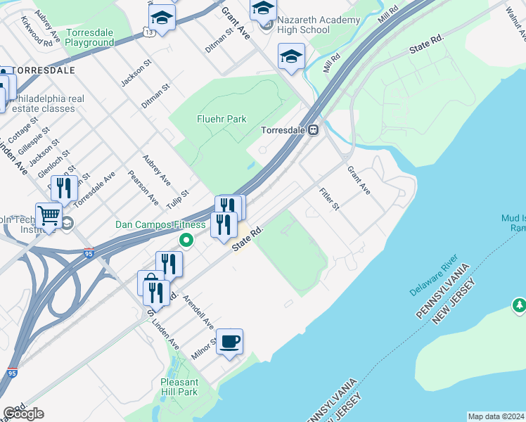 map of restaurants, bars, coffee shops, grocery stores, and more near 9541 James Street in Philadelphia