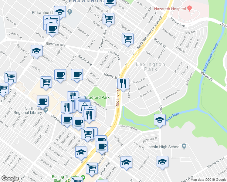 map of restaurants, bars, coffee shops, grocery stores, and more near 7539 Calvert Street in Philadelphia