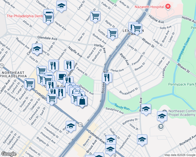 map of restaurants, bars, coffee shops, grocery stores, and more near 7539 Calvert Street in Philadelphia
