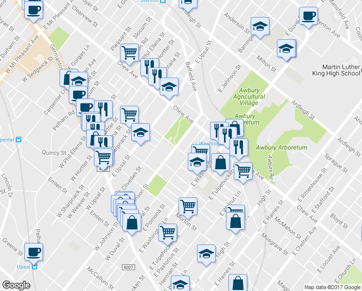 map of restaurants, bars, coffee shops, grocery stores, and more near 6354 Musgrave Street in Philadelphia