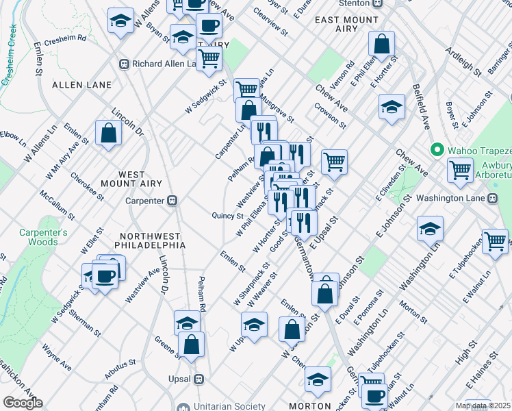 map of restaurants, bars, coffee shops, grocery stores, and more near 6617 Quincy Street in Philadelphia