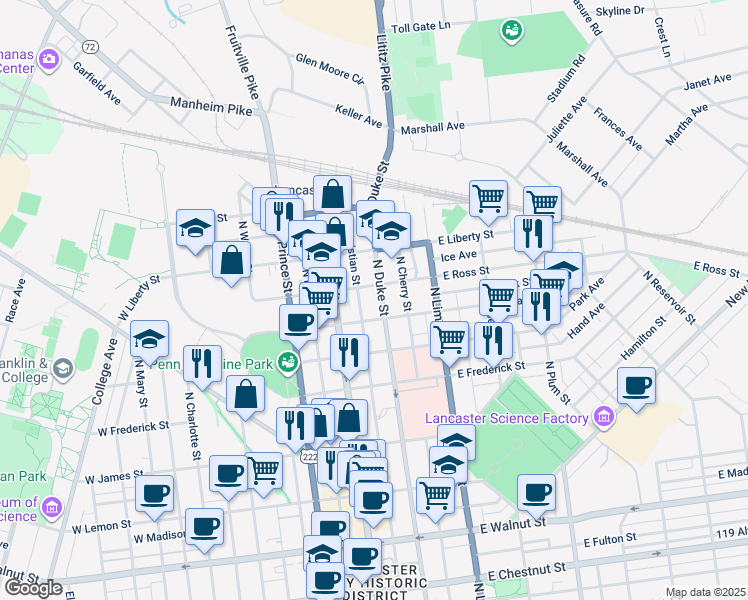 map of restaurants, bars, coffee shops, grocery stores, and more near 46 East Clay Street in Lancaster