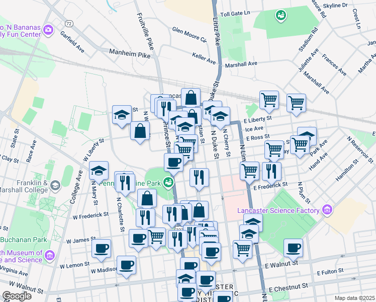 map of restaurants, bars, coffee shops, grocery stores, and more near 801 Pennsylvania 72 in Lancaster