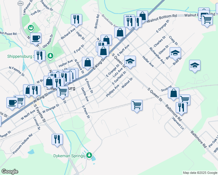 map of restaurants, bars, coffee shops, grocery stores, and more near 243 Walnut Street in Shippensburg