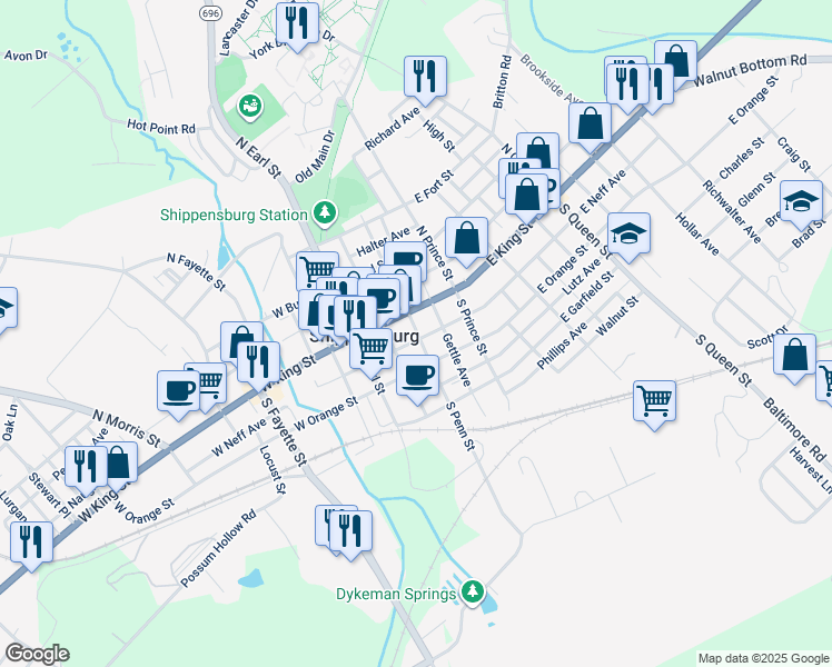 map of restaurants, bars, coffee shops, grocery stores, and more near 30 South Penn Street in Shippensburg