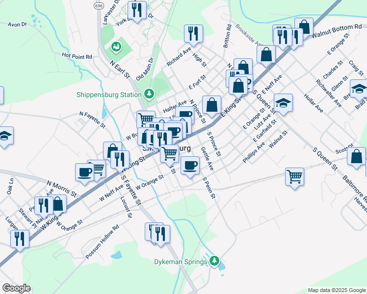 map of restaurants, bars, coffee shops, grocery stores, and more near 30 South Penn Street in Shippensburg