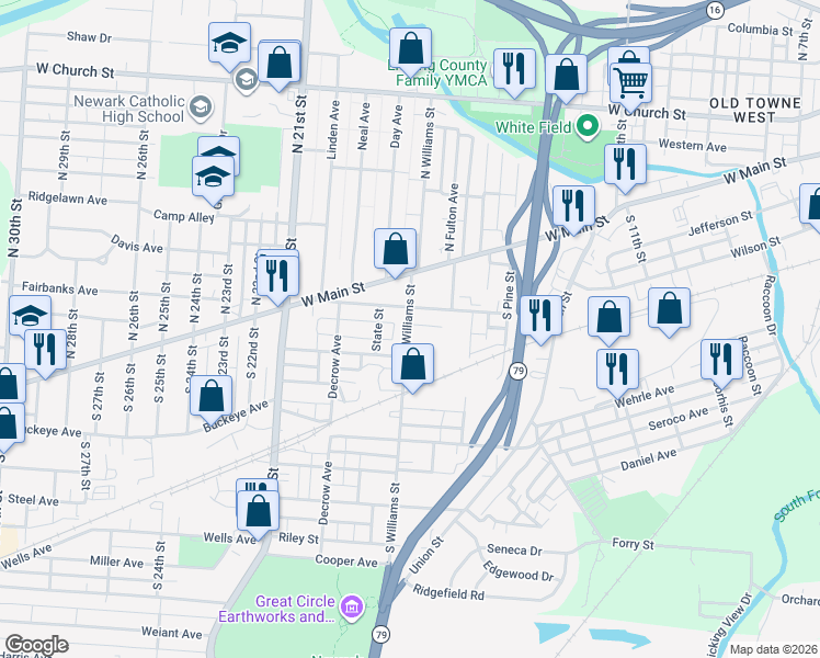 map of restaurants, bars, coffee shops, grocery stores, and more near 84 Cambria Street in Newark