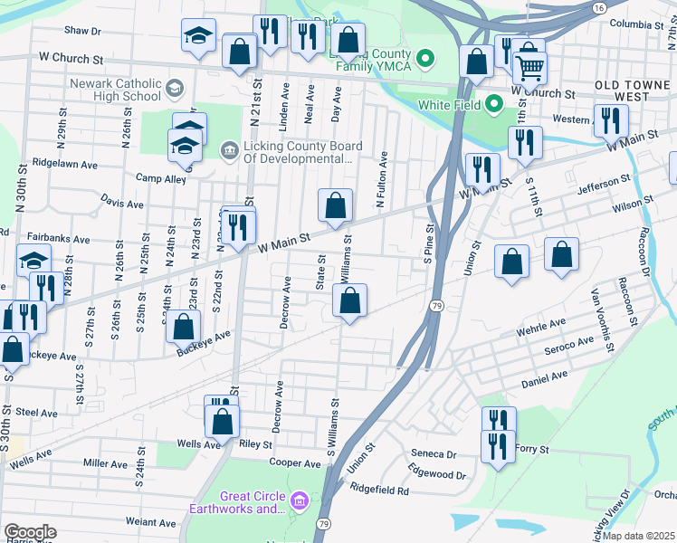 map of restaurants, bars, coffee shops, grocery stores, and more near 84 Cambria Street in Newark