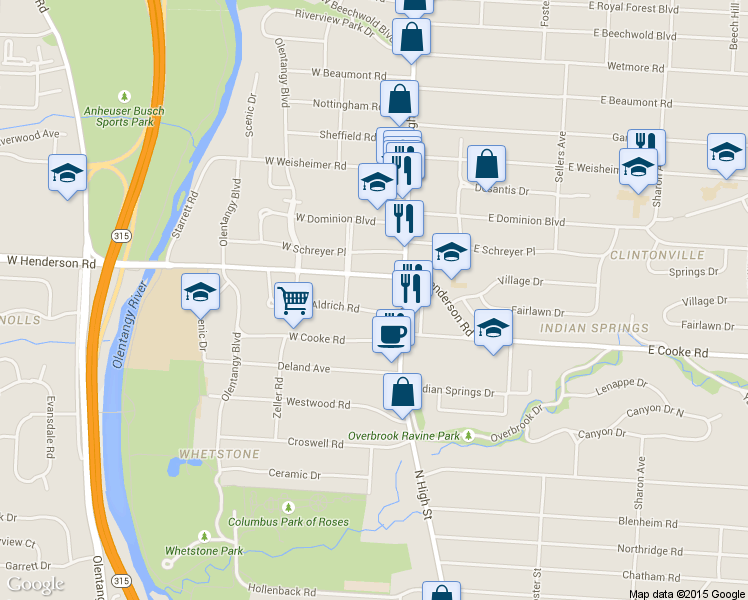 map of restaurants, bars, coffee shops, grocery stores, and more near 59 Aldrich Road in Columbus