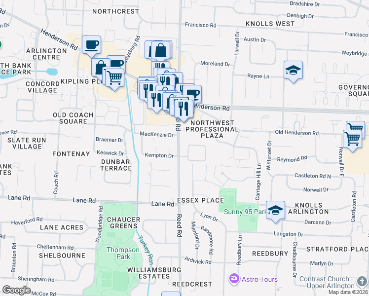 map of restaurants, bars, coffee shops, grocery stores, and more near 1083 Kempton Drive in Columbus