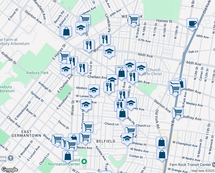 map of restaurants, bars, coffee shops, grocery stores, and more near 6309 Limekiln Pike in Philadelphia