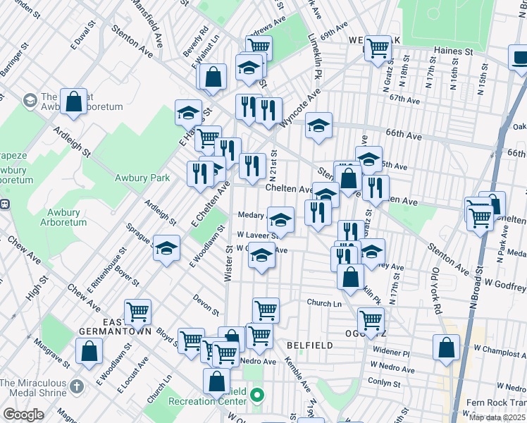 map of restaurants, bars, coffee shops, grocery stores, and more near 2115 Medary Avenue in Philadelphia