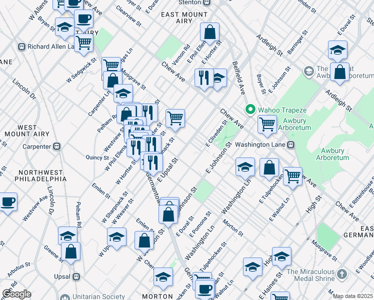 map of restaurants, bars, coffee shops, grocery stores, and more near 226 East Upsal Street in Philadelphia