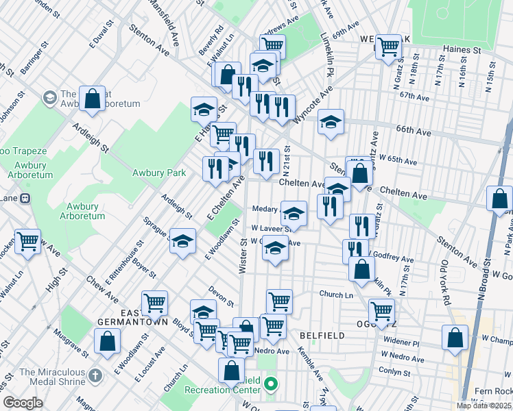 map of restaurants, bars, coffee shops, grocery stores, and more near 2151 Medary Avenue in Philadelphia