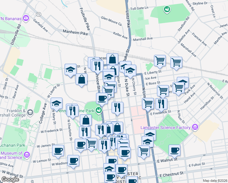 map of restaurants, bars, coffee shops, grocery stores, and more near 801 Pennsylvania 72 in Lancaster