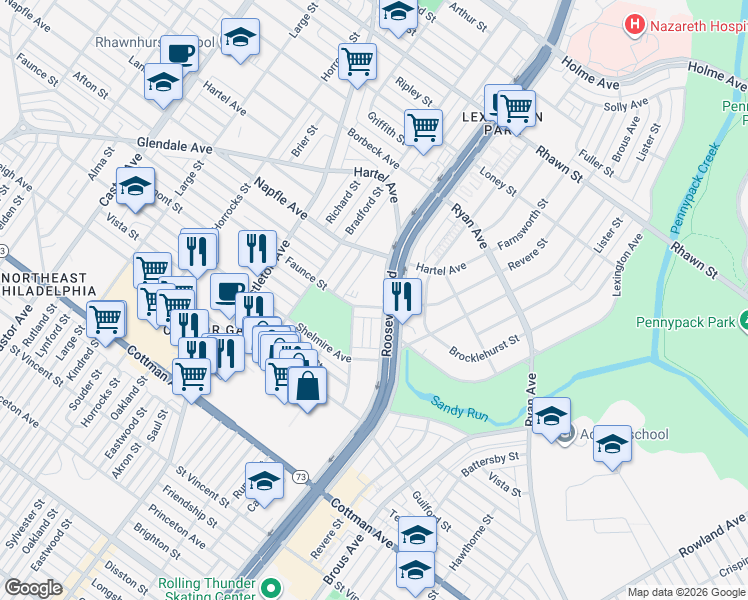 map of restaurants, bars, coffee shops, grocery stores, and more near 7539 Calvert Street in Philadelphia