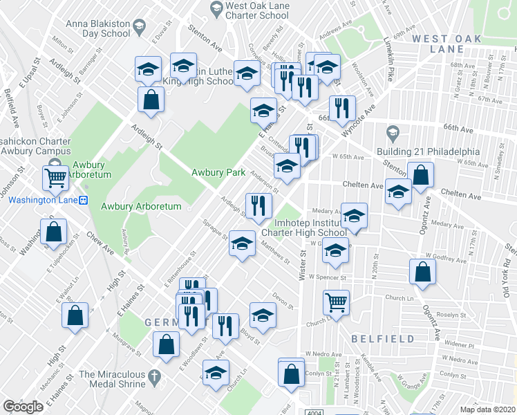 map of restaurants, bars, coffee shops, grocery stores, and more near 1125 East Stafford Street in Philadelphia