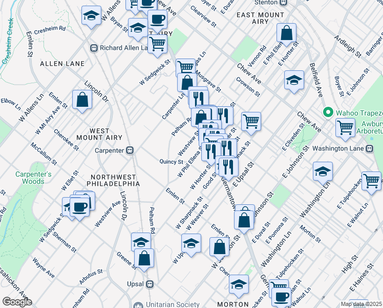 map of restaurants, bars, coffee shops, grocery stores, and more near 6617 Quincy Street in Philadelphia