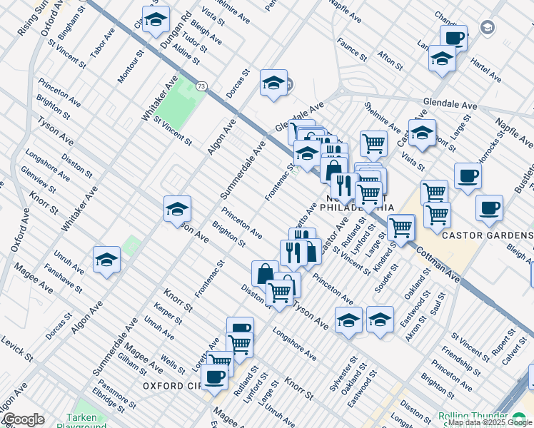 map of restaurants, bars, coffee shops, grocery stores, and more near 1309 Friendship Street in Philadelphia