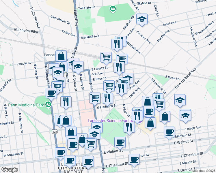 map of restaurants, bars, coffee shops, grocery stores, and more near 801 North Shippen Street in Lancaster